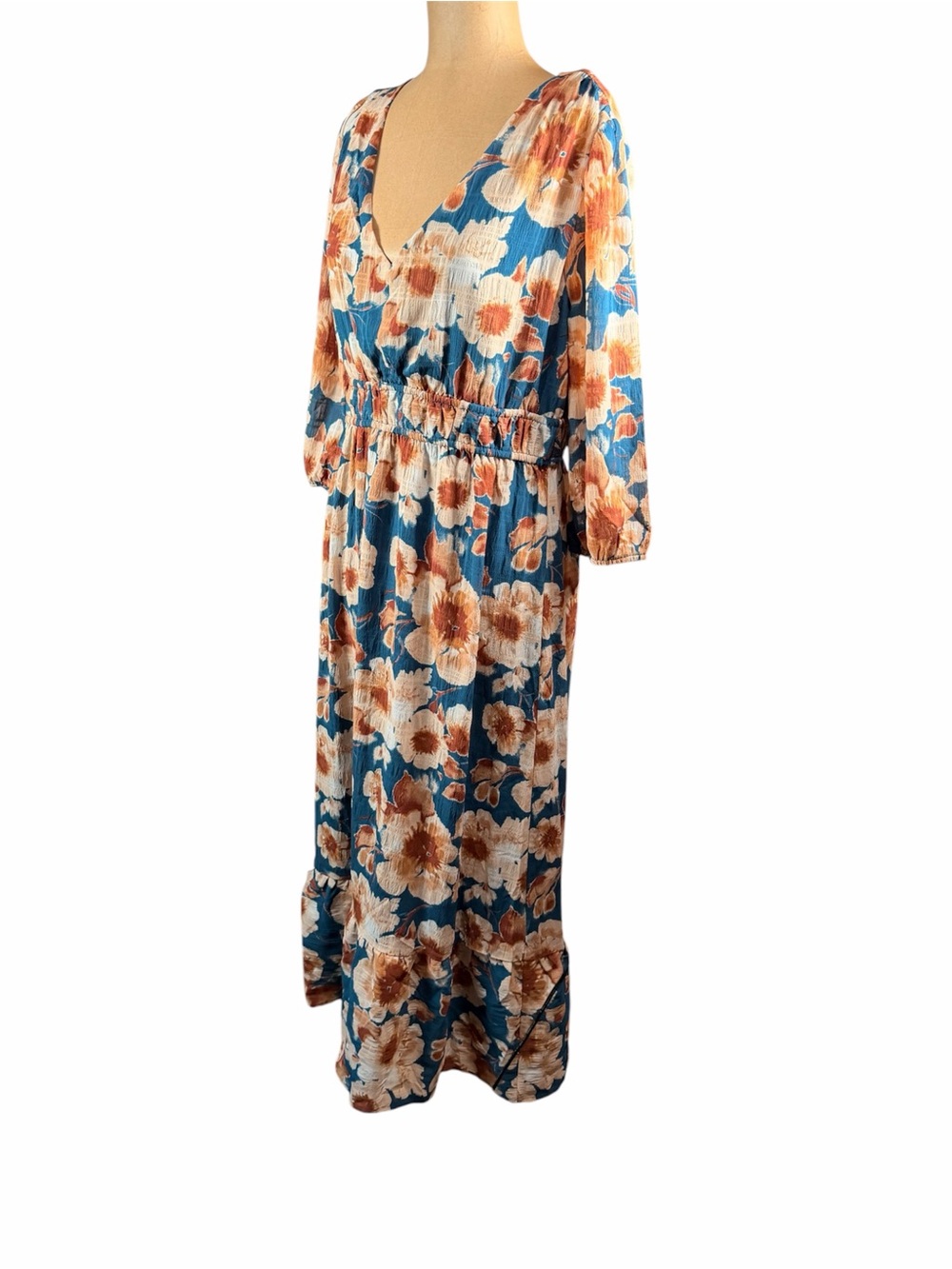 LUXOLOGY Floral V-Neck Maxi Dress in Teal and Cream
